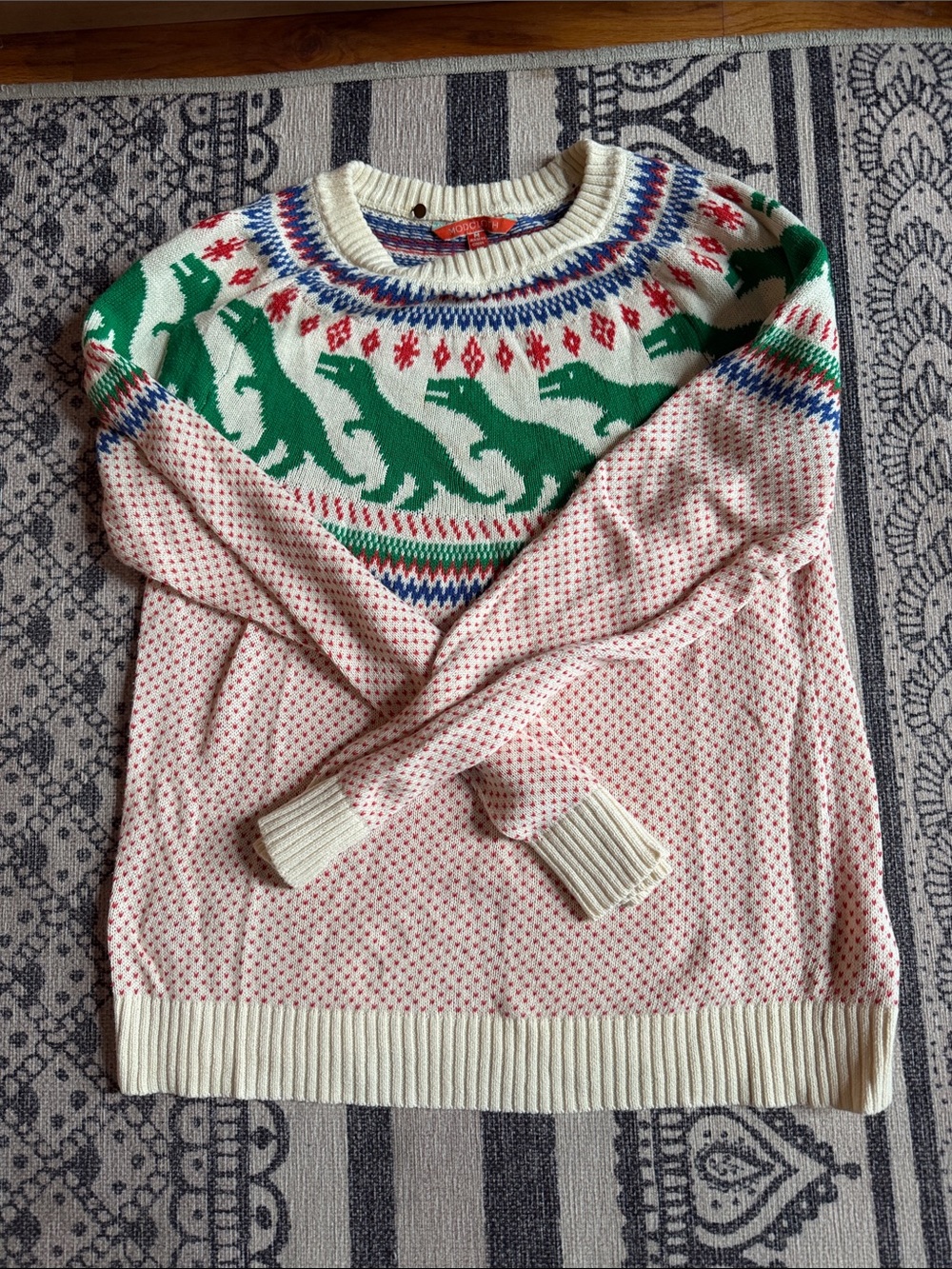 Modcloth Cream, Green & Pink Dinosaur Fair Isle Crewneck Sweater